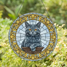 British Shorthair Cat Golden Filigree - Cat Lover Home Decor Gift Stained Glass Suncatcher