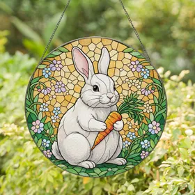 White Rabbit Carrot Green Floral - Home Decor Gift for Garden Lover Stained Glass Suncatcher