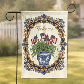 Welcome J Initial Chinoiserie Planter American Flags Ivy Acanthus Leaves - Home Decor Gift Garden Flag