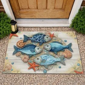 Wood Fish Seashell Starfish Sea Glass Blue Waves - Beach House Decor Gift for Sea Lover Doormat