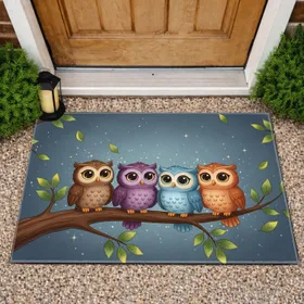 Four Cartoon Owls Tree Branch Lush Leaves Stars - Owl Lovers Home Decor Gift Doormat
