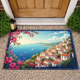Mediterranean Coastal Town Bougainvillea Boats - Home Decor Gift Doormat