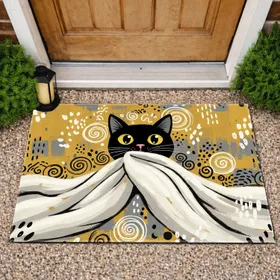 Black Cat Yellow Eyes Peeking Off White Grey Blanket Swirls Dots - Home Decor Gift for Cat Lover Doormat