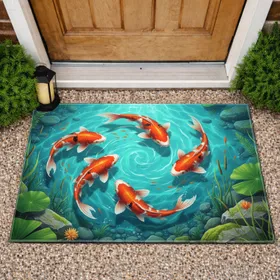 Vibrant Orange White Koi Fish Clear Pond Water Lily Pads - Home Decor Gift for Aquatic Lover Doormat