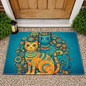Folk Art Cats Bohemian Flowers Paisley - Boho Lifestyle Cat Lover Gift Doormat