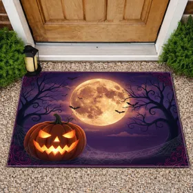 Glowing Jack-o'-lantern Blood Moon Spooky Trees Bats - Halloween Decor Doormat
