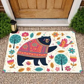 Dark Blue Bear Folk Art Bird Flowers Leaves Berries - Boho Home Decor Gift Doormat