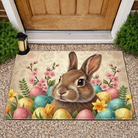 Brown Rabbit Easter Eggs Cherry Blossoms - Spring Decor Gift for Rabbit Lover Doormat