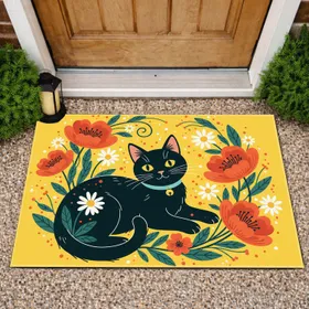 Black Cat Gold Bell Poppy Daisy Floral - Home Decor Gift for Cat Lover Doormat