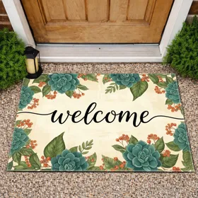 Welcome Script Succulent Leaf Botanical Berries - Home Decor Accent Gift Doormat