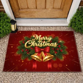 Merry Christmas Golden Sleigh Bells - Christmas Holiday Decor Doormat