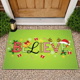 Believe Christmas Holly Antlers Snowflakes - Christmas Holiday Decor Doormat