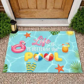 "Life is Better at the POOL" Beach Balls Summer Items - Poolside Home Decor for Pool Lovers Doormat