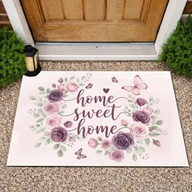 Home Sweet Home Script Plum Heart Rose Eucalyptus Butterfly - Home Decor Gift Doormat