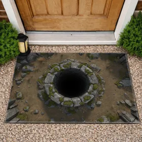 Ancient Deep Stone Well Mossy Grasses Rugged Rock Formations - Rustic Home Decor Gift Doormat