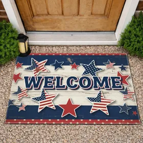 Welcome Patriotic Stars Rustic Wood - Independence Day Gift for Veterans Doormat