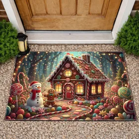 Gingerbread House Snowman Gingerbread Man Candy Forest - Christmas Holiday Gift Doormat
