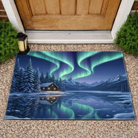 Aurora Borealis Winter Cabin Lake Mountains - Winter Home Decor Gift Doormat