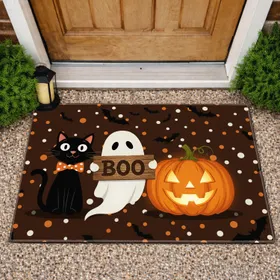Grinning Jack-o'-lantern BOO Sign Black Cat Ghost Bats Halloween Decor Doormat
