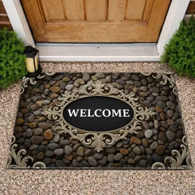 WELCOME Oval Aged Stone Scrollwork Botanical Acanthus River Pebbles - Home Decor Gift Doormat