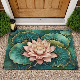 Multi Petal Lotus Flower Aquatic Leaves Golden Speckles - Home Decor Gift for Water Garden Lover Doormat