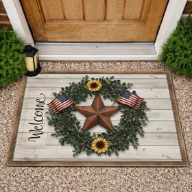 Welcome Barn Star American Flag Sunflowers Wreath - Rustic Farmhouse Home Decor Gift Doormat