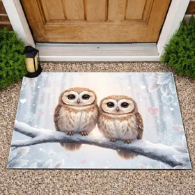 Pygmy Owls Snow Heart Flurry - Affectionate Winter Home Decor Gift Doormat