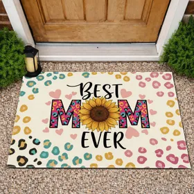 Best Mom Ever Sunflower Leopard Print Hearts - Mother's Day Gift Doormat