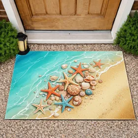 Turquoise Ocean Golden Sand Beach Seashell Starfish - Beach House Decor Gift Doormat