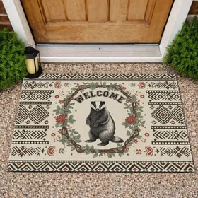 Badger Welcome Floral Geometric - Home Decor Gift for Wildlife Lover Doormat