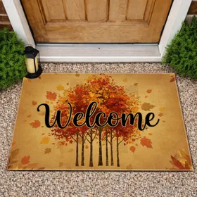 Welcome Script Autumn Trees Rustic Fall Leaves - Autumn Home Decor Doormat