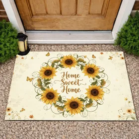 Lush Sunflower Wreath Home Sweet Home Butterflies Vines Accent Flowers - Farmhouse Home Decor Doormat