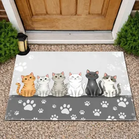 Friendly Cats Lined Up with Paw Prints - Home Decor Gift for Cat Lover Doormat