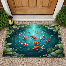 Koi Fish Pond Aquatic Foliage River Stone - Home Decor Gift for Nature Lover Doormat
