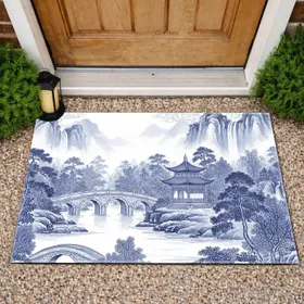 East Asian Pavilion Stone Bridge River - Blue White Home Decor Gift Doormat