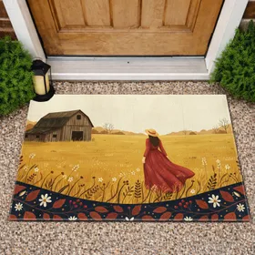 Weathered Barn Autumn Field Person Leaves Berries - Farmhouse Decor Gift Doormat
