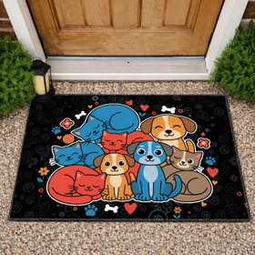 Diverse Cartoon Cats Dogs Paw Prints Hearts Bones Flowers - Home Decor Gift for Pet Lovers Doormat