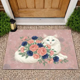Fluffy White Cat Floral Bouquet Aqua Eyes - Home Decor Gift for Cat Lovers Doormat