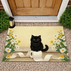 Black Kitten Toilet Paper Roll Daisies - Home Decor Gift for Cat Lover Doormat
