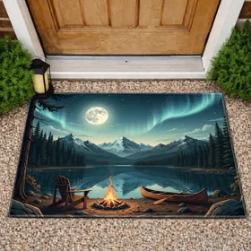 Full Moon Mountain Lake Campfire Canoe - Outdoor Home Decor Gift for Campers Doormat
