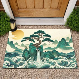 Golden Sun Ancient Pine Tree Mountain Waterfall - Nature Lover Gift Doormat
