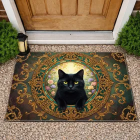 Black Cat Golden Baroque Stained Glass Garden - Home Decor Gift for Cat Lovers Doormat