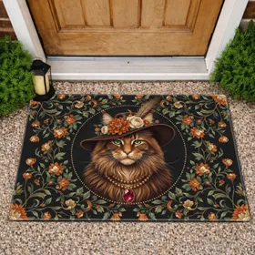 Maine Coon Cat Portrait Autumn Flower Hat Red Gemstone - Home Decor Gift for Cat Lover Doormat