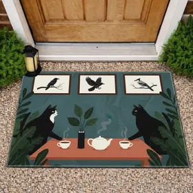 Black Cats Tea Party Black Birds Botanical - Home Decor Gift for Cat Lover Doormat