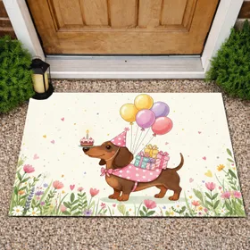 Dachshund Birthday Cake Balloons Floral - Birthday Celebration Home Decor Doormat