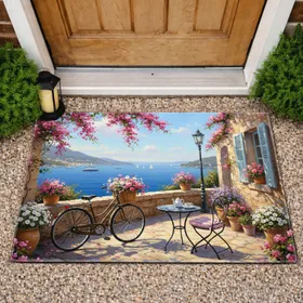 Bicycle Flowers Stone Terrace Cafe - Mediterranean Home Decor Gift Doormat