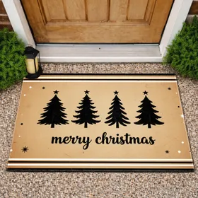 Black Stripe Four Christmas Trees Merry Christmas Text - Christmas Entryway Decor Doormat