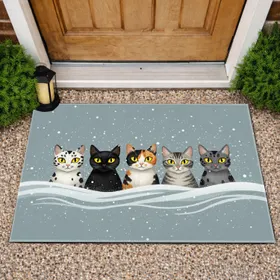 Black White Grey Calico Cats Big-Eyed Winter Scene - Home Decor Gift for Cat Lover Doormat