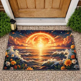 Full Moon Ocean Waves Flowers Leaves Botanical Border - Coastal Home Decor Gift Doormat