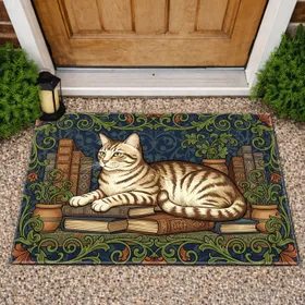 Regal Tabby Cat Vintage Books Vines - Home Decor Gift for Cat & Book Lovers Doormat